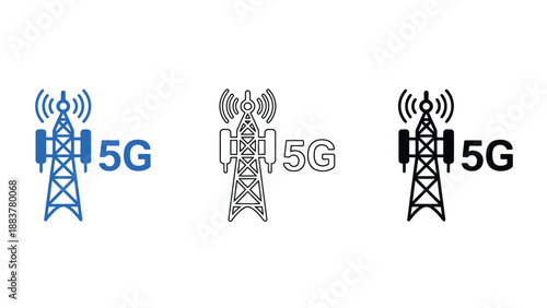 A set of 5G cell tower icons in different colors and styles