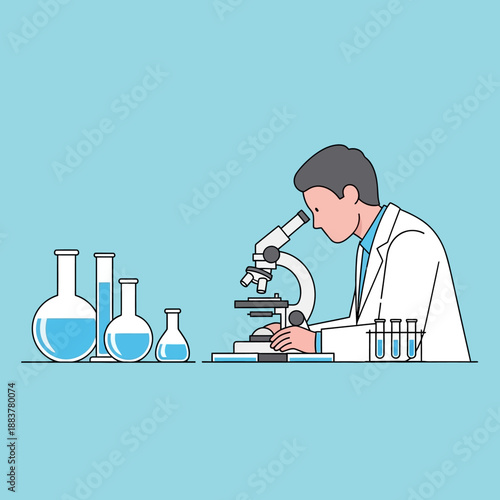 Scientist studying cells under a microscope in a lab with glassware and test tubes