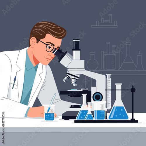 Scientist looking through microscope in laboratory, conducting research and experiments