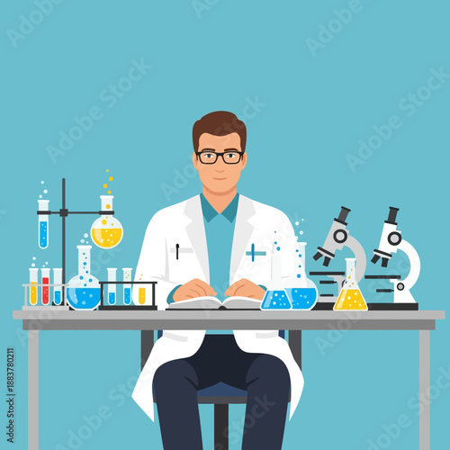 Scientist in Lab Coat Working at Desk with Microscopes and Beakers