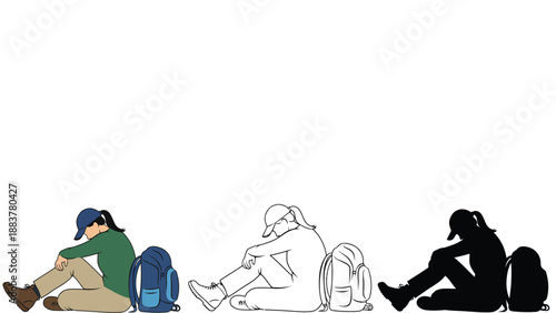 A person sitting with a backpack in different styles of illustration