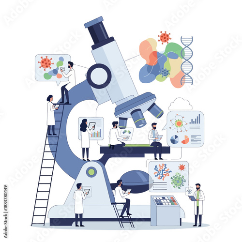 Microscopic Research: Scientists Studying Viruses and DNA on a Giant Microscope