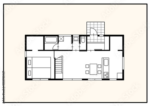 シンプルな一戸建て住宅の間取り図・リビングダイニングと寝室の平面図イラスト