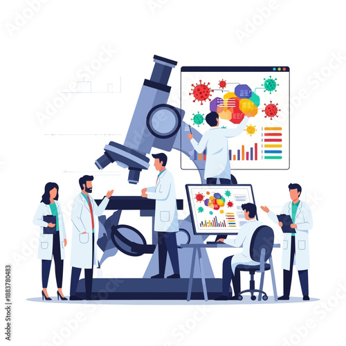 Scientists Researching Viruses and Data with Microscope and Computer
