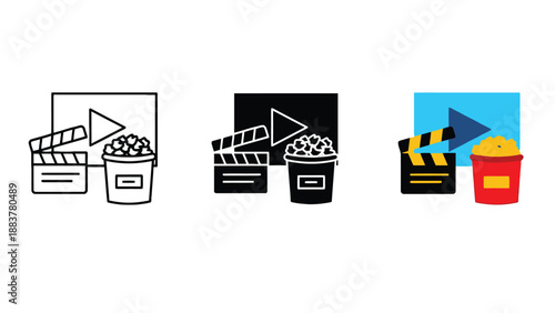 A set of movie icons including popcorn and clapper boards in different colors