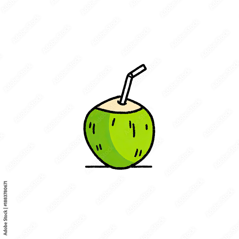 Obraz premium A cartoon green coconut drink with a straw in a minimalist flat design on a black background
