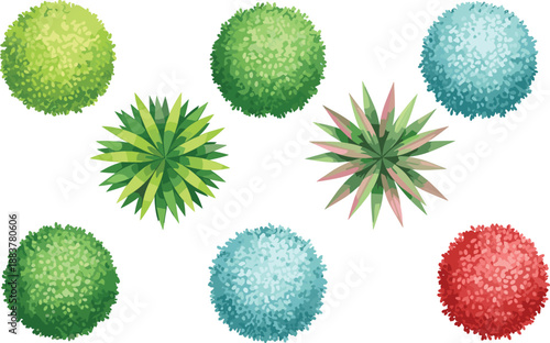 Top view colorful garden bushes and ornamental shrubs set, realistic landscape design elements, round hedges and spiky plants, vector illustration isolated on white background