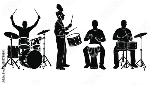 Four silhouetted musicians playing different types of drums with enthusiasm and energy