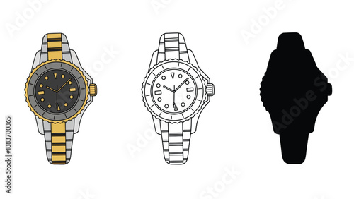 Three different illustrations of wristwatches on a white background