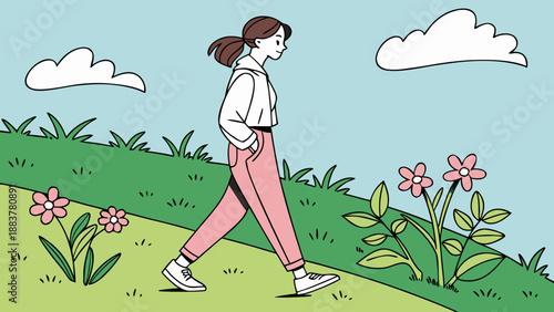 Woman walking in a serene park with flowers.