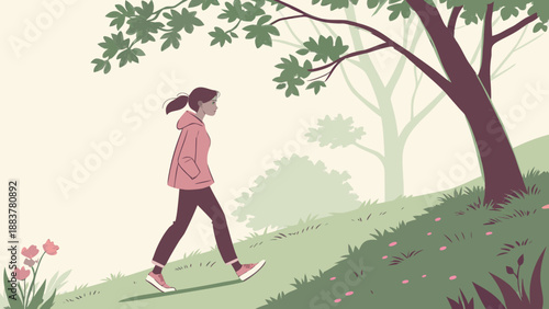 Woman walking alone in a serene park with trees and flowers.