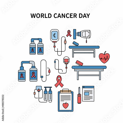 World Cancer Day illustration with medical equipment and awareness symbols.