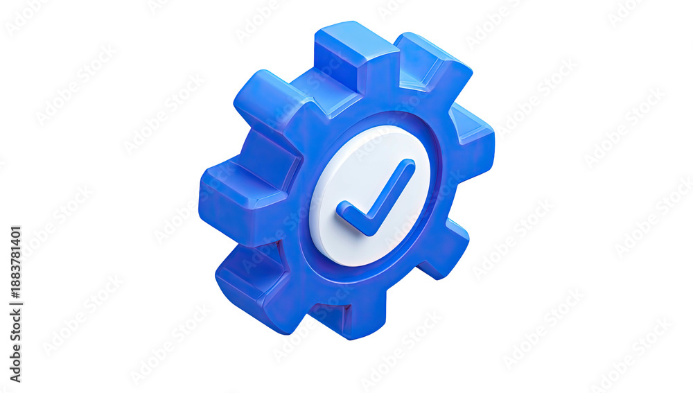Obraz premium A 3D rendered image of a blue gear icon with a white check mark inside of it