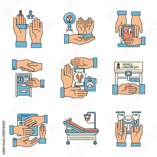 A collection of nine colorful icons depicting hands interacting with various objects related to healthcare, social support, and medical awareness.