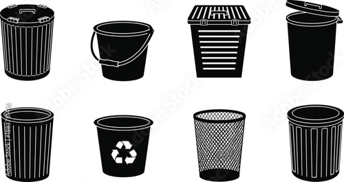 Trash can and garbage bin icons set illustration, black waste containers collection, recycling and disposal concept, household and office sanitation symbols isolated on white background