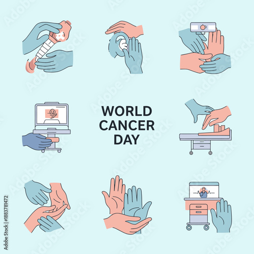 World Cancer Day concept with various hands illustrating medical care, diagnosis, treatment, and support for cancer patients, set against a light blue background.