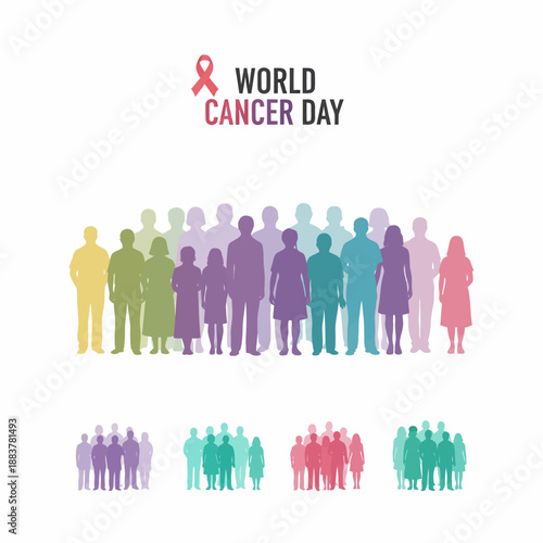 World Cancer Day illustration with diverse groups of people silhouettes in various colors, symbolizing community support and awareness.