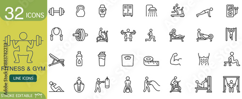 Fitness and gym line icon set for determined workout. This exercise and training symbol collection for health and wellness represents strong and active lifestyle