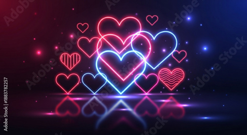Neon hearts glow in pink and blue on dark background with reflections
