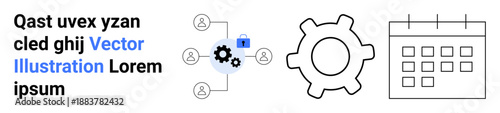 Data security, team collaboration, workflow management, scheduling, cybersecurity, digital tools. Images include connected users with a lock, a gear and a calendar. Data security and workflow ideas