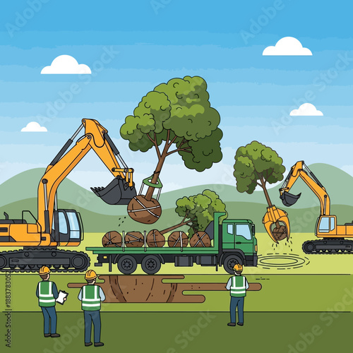 Team planting large trees with excavators and truck in nature landscape