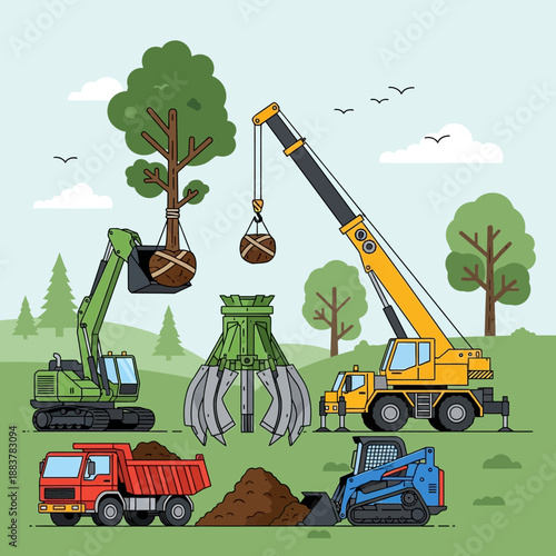 Construction Equipment Transporting Tree for Reforestation and Urban Greening Projects