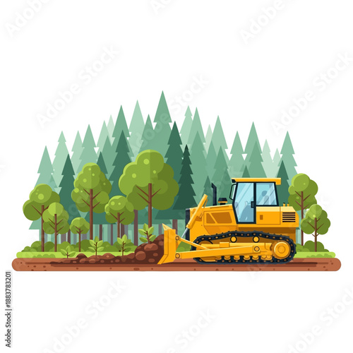 Yellow bulldozer clearing forest land for construction, deforestation concept