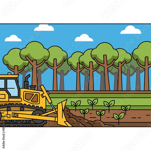 Yellow bulldozer clearing land next to forest and new seedlings