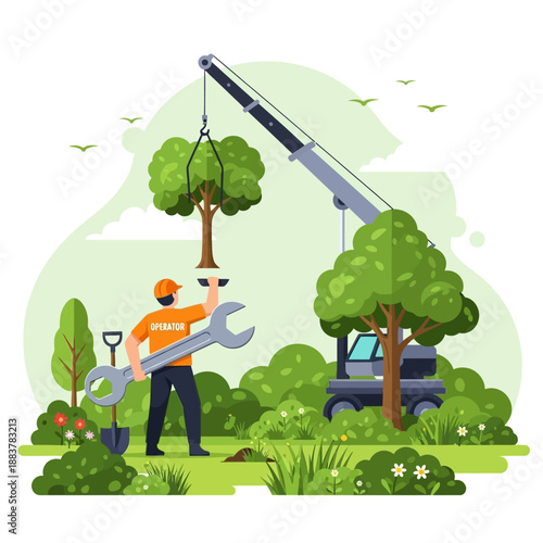 Arborist uses crane and wrench to plant new tree in lush garden landscape