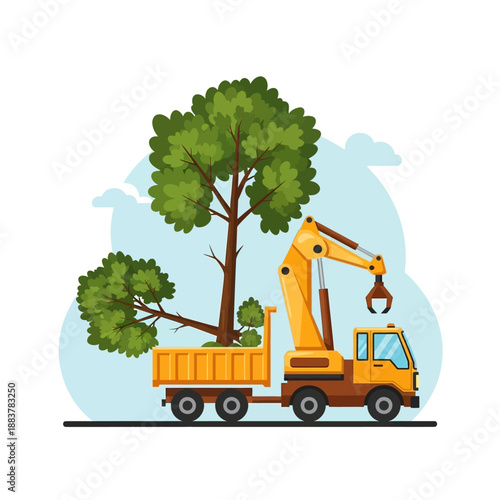 Tree transplanting with excavator and truck, environmental care, urban landscaping