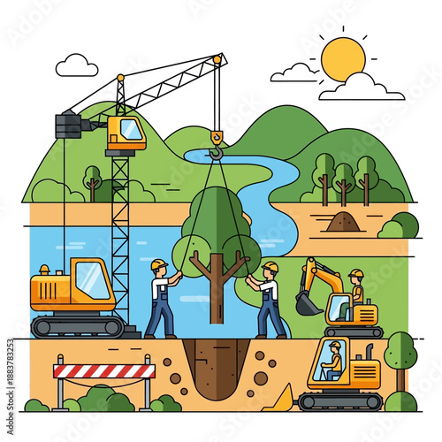 Construction workers planting a tree with crane and excavators, environmental concept