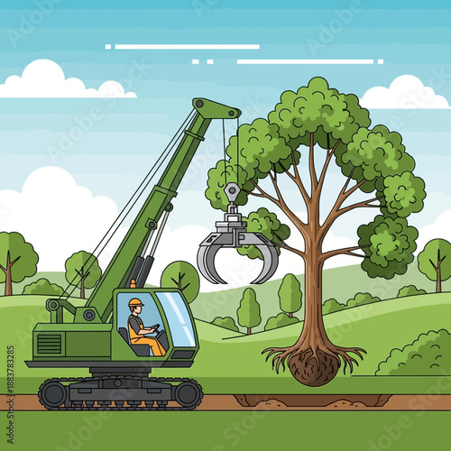 Crane moving large tree with roots for transplanting, illustration