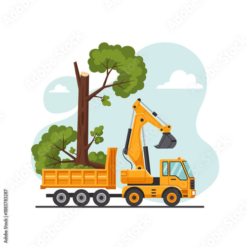 Excavator Loading Tree onto Dump Truck for Relocation or Removal