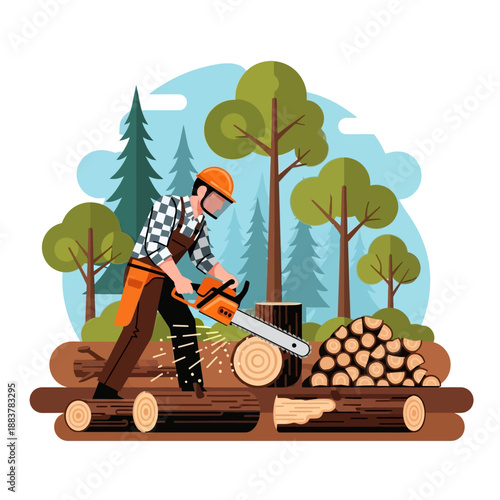 Lumberjack cutting wood with chainsaw in forest, logging industry concept