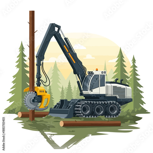 Forestry Harvester Machine Cutting Tree in Lush Green Forest Landscape