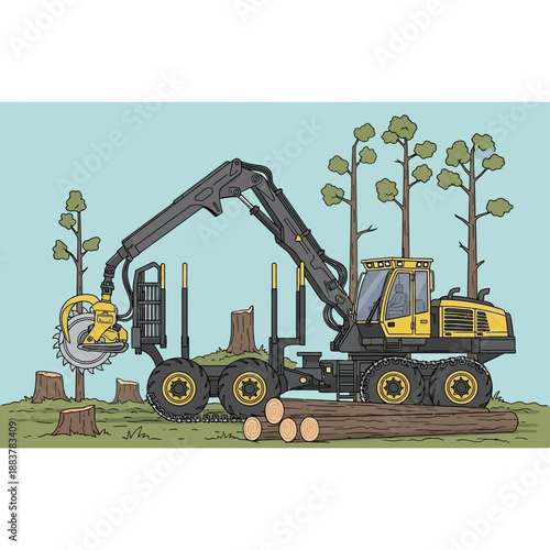 Forestry Harvester Machine Logging Trees with Saw Attachment in Forest