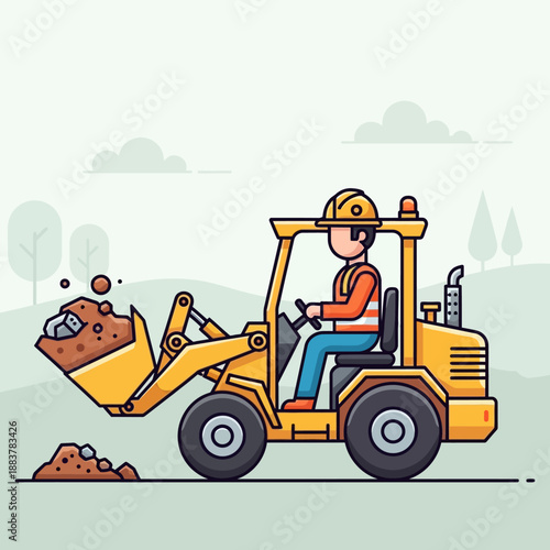 Construction worker operating a yellow front loader digging soil and rocks