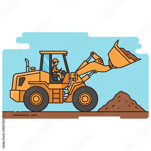 Construction worker operating a front loader tractor moving dirt on a sunny day