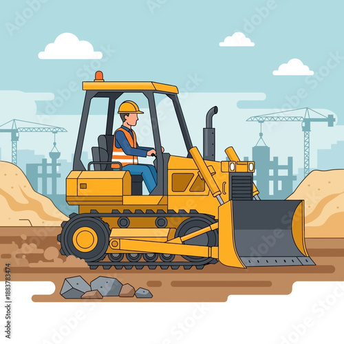 Construction Worker Driving Yellow Bulldozer on Site with Cranes