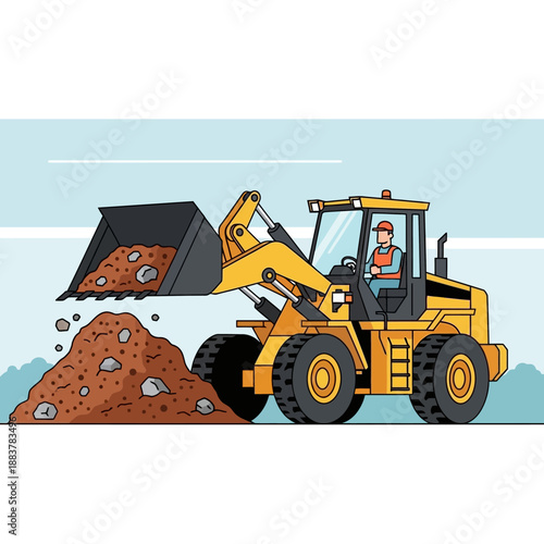 Yellow Wheel Loader Excavator Moving Dirt and Rocks at Construction Site