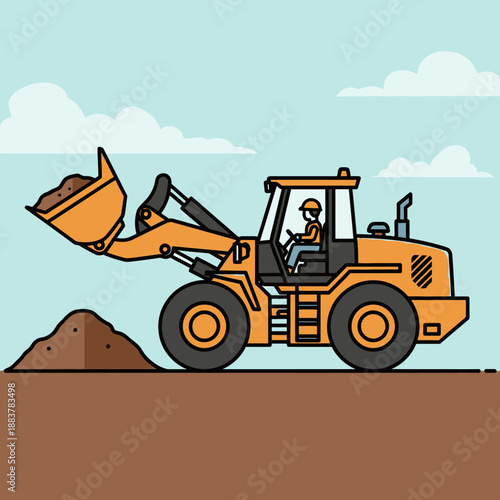 Construction bulldozer loading dirt with driver on sunny day, flat illustration