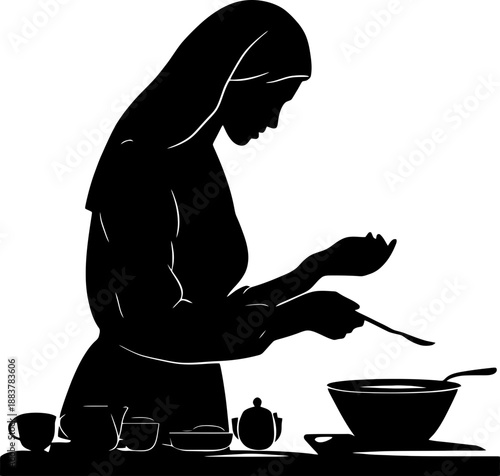 Silhouette of a Muslim Mother Preparing Food for Sahur and Iftar