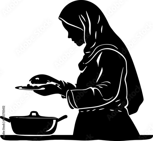 Silhouette of a Muslim Mother Preparing Food for Sahur and Iftar