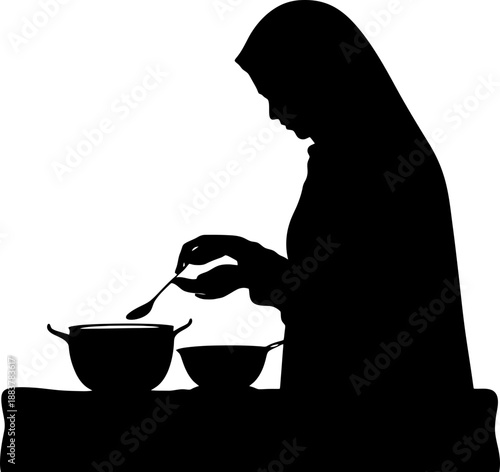 Silhouette of a Muslim Mother Preparing Food for Sahur and Iftar
