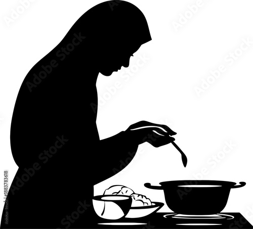 Silhouette of a Muslim Mother Preparing Food for Sahur and Iftar