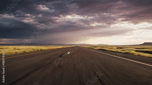 Wallpaper Mural Long exposure shot of an empty highway stretching into the distance under a dramatic cloudy sky with warm tones and a vast grassy landscape. Torontodigital.ca