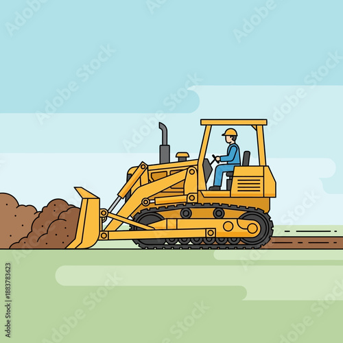 Construction worker driving a yellow bulldozer, leveling ground with dirt | Vector illustration