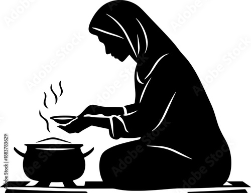 Silhouette of a Muslim Mother Preparing Food for Sahur and Iftar