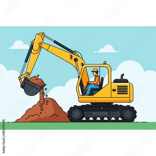 Yellow excavator digging dirt with operator in cab, construction site illustration