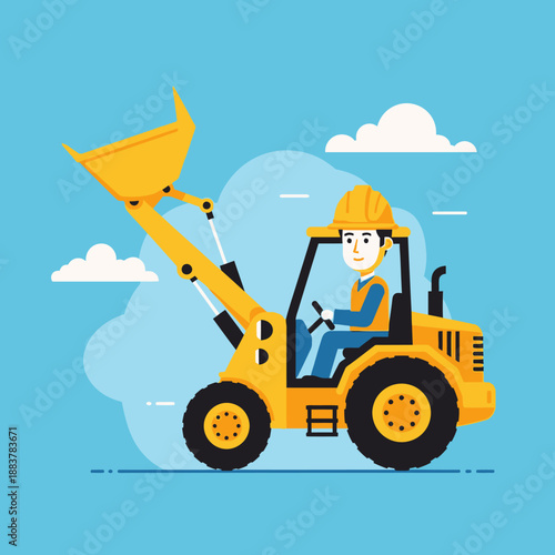 Construction worker driving yellow front loader bulldozer on blue sky background, flat design cartoon